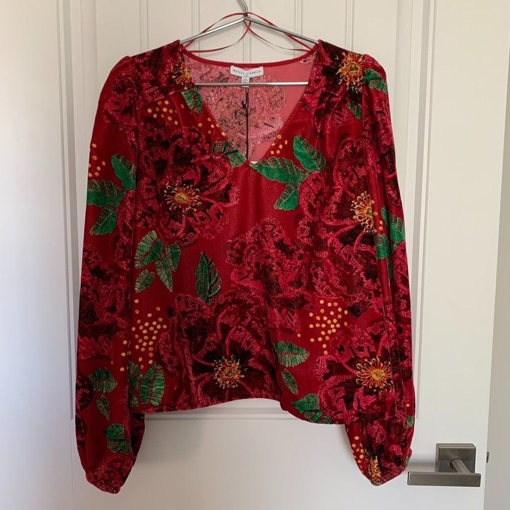 Anthropologie Red Floral V-Neck Blouse with Green Leaves